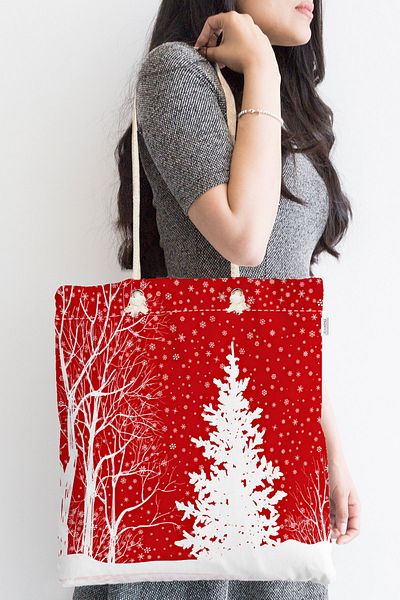 Realhomes Red Colored Christmas Themed Modern Zippered Fabric Shoulder Bag with Pine Tree Design