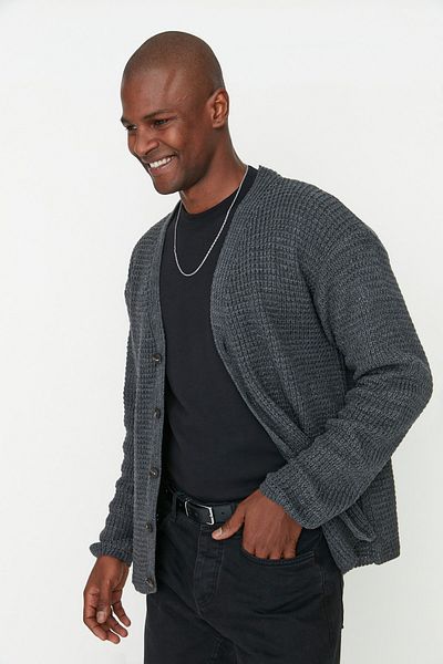 Trendyol Collection Ζακέτα με υφή V-Neck Anthracite Oversize - TMNAW21HI0238
