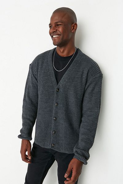 Trendyol Collection Ζακέτα με υφή V-Neck Anthracite Oversize - TMNAW21HI0238