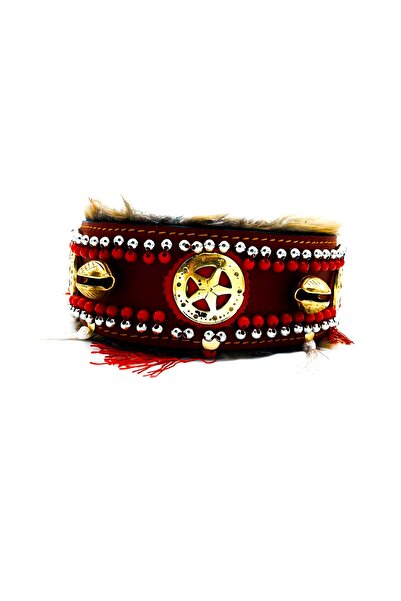 Tasma Market Kırmızı Zilli Püsküllü Yıldızlı Boncuklu Deri Köpek Tasması