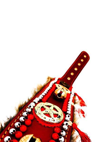 Tasma Market Kırmızı Zilli Püsküllü Yıldızlı Boncuklu Deri Köpek Tasması