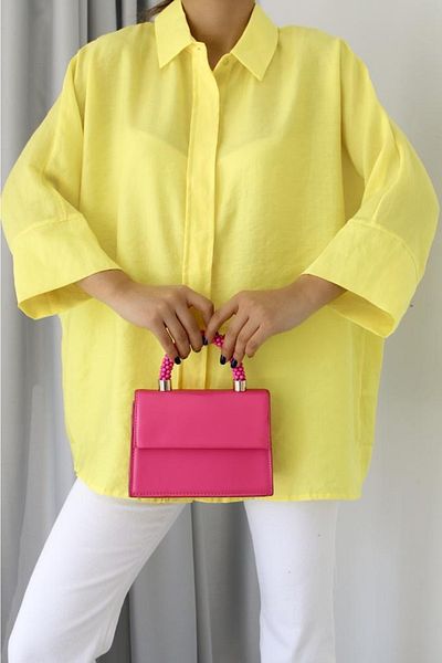FEMELLE Gelbes Oversize-Shirt mit verstecktem Knopf für Damen, bequeme Passform, Fledermausärmel, lockere Passform, 50 % Baumwolle, 50 % Viskose
