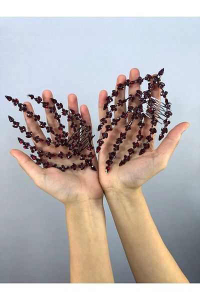 Hobigram Accesoriu de păr cu model de frunze cu două fețe burgundy – coroană, piatră de cristal, model elegant, coroană de mireasă – coroană