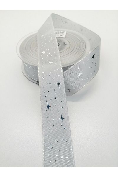 Hobigram Silver Star Printed Taffeta Ribbon 2,5 cm 2 Yards – Κορδέλα, Κομψό Σχέδιο, Γυναικείο Αξεσουάρ