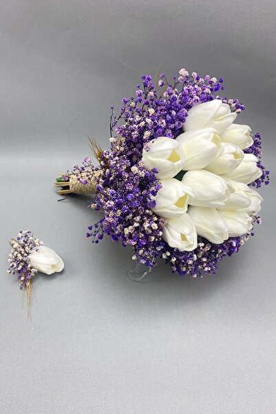 Hobigram Mor Cipsolu Islak Beyaz Lale Gelin Buketi Ve Damat Yaka Çiçeği – Gel...
