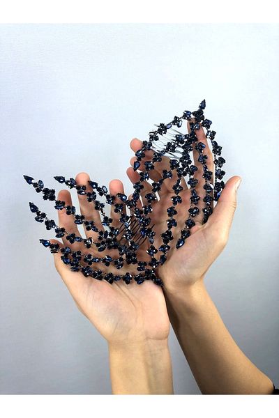 Hobigram Accesoriu de păr cu model de frunze dublu albastru bleumarin – Coroană, piatră de cristal, model elegant, coroană de mireasă – coroană