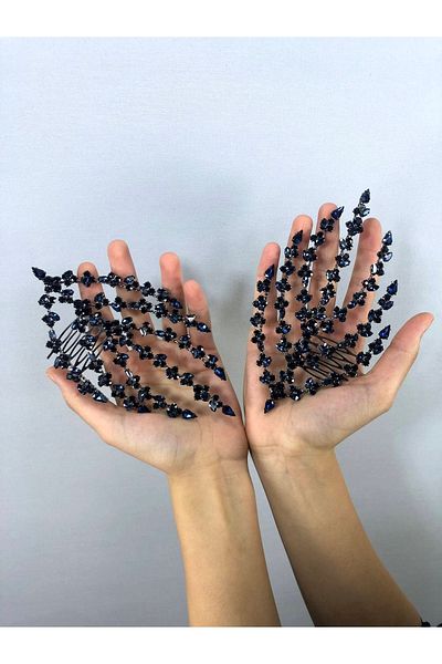 Hobigram Accesoriu de păr cu model de frunze dublu albastru bleumarin – Coroană, piatră de cristal, model elegant, coroană de mireasă – coroană