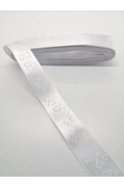 Hobigram Σατέν κορδέλα με μοτίβο λευκού φύλλου 2,5 cm 1 μέτρο – Κορδέλα, Κομψό Σχέδιο, Γυναικείο Αξεσουάρ – Κορδέλα
