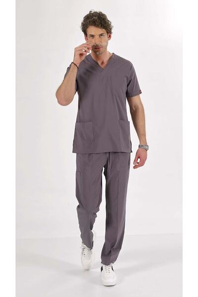 Uçak Medikal Puslu Gri U-flex Likralı Scrubs Takım & Forması