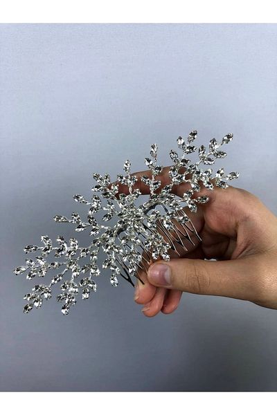 Hobigram Agrafă de păr cu model de ramuri de argint și piatră – Coroană, piatră de cristal, model elegant, coroană de mireasă – Coroană