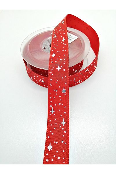 Hobigram Red Star Patterned Taffeta Ribbon 2.5 Cm 1 Meter