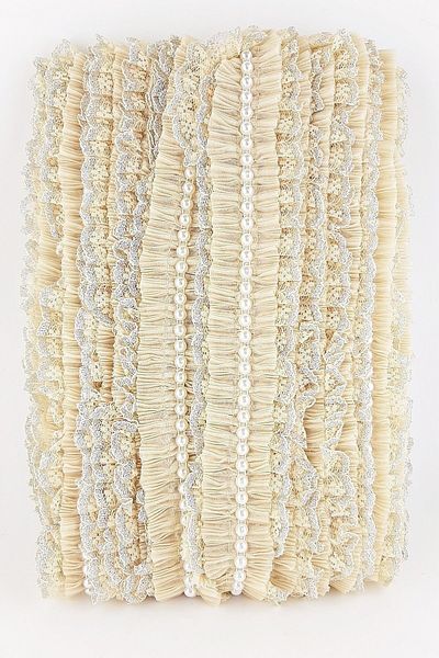 Hobigram Produse artizanale Bej Pearl Glitter Dantela Pliuri Volană – Panglică decorativă, Design elegant – Decorativ