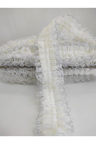 Hobigram Panglică cu volan din dantelă cu sclipici argintiu crem – panglică, design elegant, accesoriu pentru femei