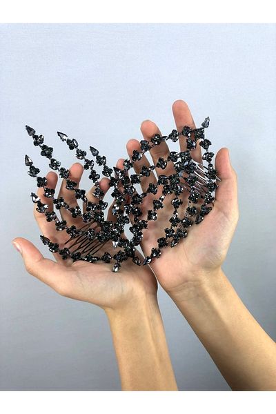 Hobigram Accesoriu de păr cu model de frunze dublu antracit – Coroană, piatră de cristal, model elegant, coroană de mireasă – coroană