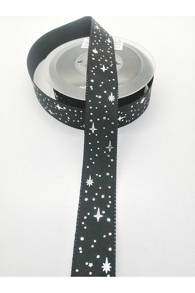 Hobigram Black Star Printed Taffeta Ribbon 2,5 cm 1 Meter – Κορδέλα, Κομψό Σχέδιο, Γυναικείο Αξεσουάρ – Κορδέλα