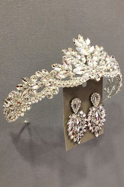 Hobigram Set coroană și cercei de culoare argintie cu piatră de cristal – Coroană, piatră de cristal, model elegant, coroană de mireasă – Coroană – Coroană