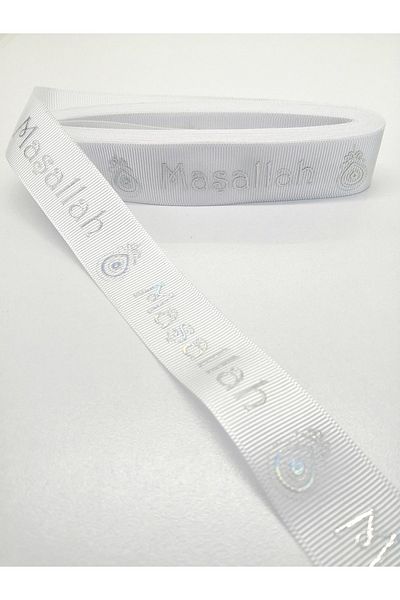 Hobigram Λευκό Γκρι Mashallah Κορδέλα Grosgrain με μοτίβο 2,5 cm 1 μέτρο – Κορδέλα, Κομψό Σχέδιο, Γυναικείο Αξεσουάρ –