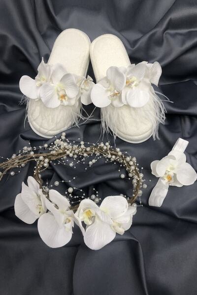 Hobigram Orkide Tüylü Ve Incili Lohusa Terliği Saç Bandı Taç Seti – Lohusa Se...