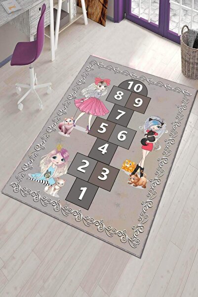 RugViva Makinede Yıkanabilir Kaymaz Tabanlı Seksekli Kız Çocuk Halısı Ar706