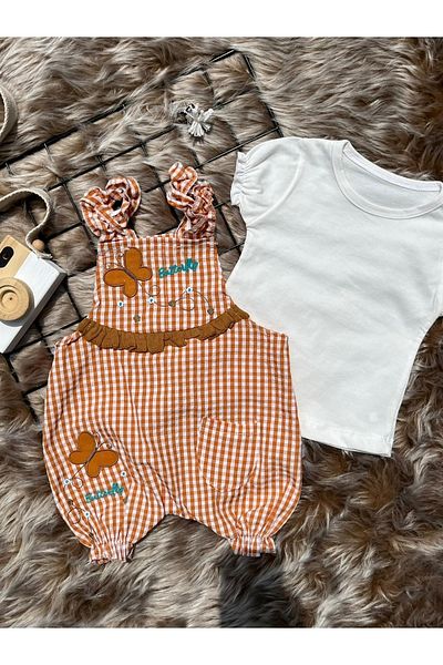 Minizade Summer Butterfly Embroidered Checkered Badi Salopet Baby Romper