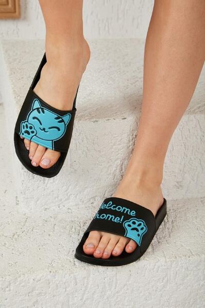 ALTUNTAŞ New Season Women's - Girls' Cat Printed Welcome Home Slippers - Blue