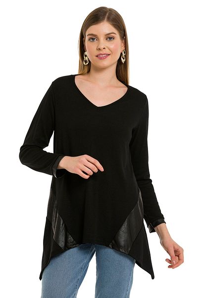 EtkiModa Women's Black Asymmetric Tunic with Leather Garnished Side Skirt