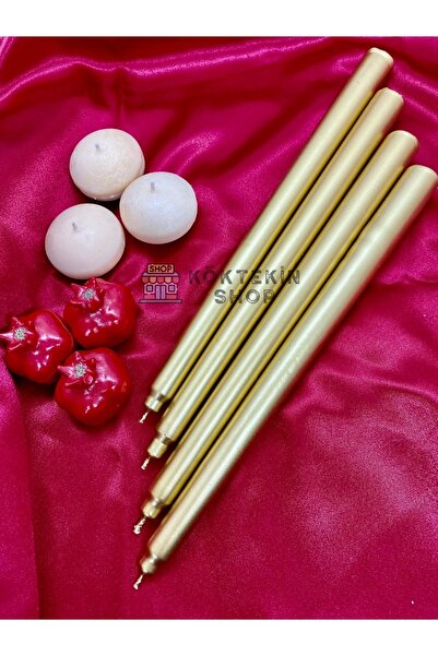 KÖKTEKİN SHOP 4 Adet Gold Varaklı Altın Renk Silindir Konik Şamdan Mumu Sedefli Gold Uzun Ince Konik 4'lü
