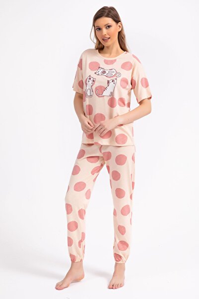 ROLY POLY Set de pijamale cu mânecă scurtă cu model de pisici de culoare migdale pentru femei