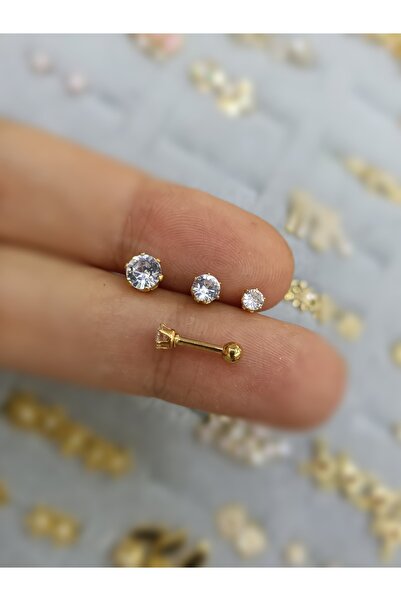 Arescollection Cerrahi Çelik Zirkon Taşlı 3 Boy 3 Adet Kulak Piercingi