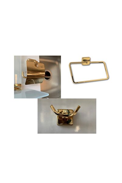 Sedef Banyo 3’lü Pirinç Kaplama Banyo Seti 2’li Askılık Kapaklı Tuvalet Kağıt...