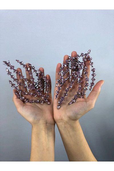 Hobigram Accesoriu de păr roz cu model de frunze pe două fețe – Coroană, piatră de cristal, model elegant, coroană de mireasă – Coroană