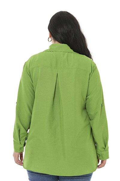 DISENTIS MODEST Πουκάμισο Plus Size γιακά Φιστίκι πράσινο πουκάμισο με διπλές τσέπες στο στήθος