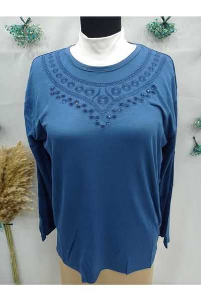 Sel Tekstil Women's Plus Size Crew Neck Mother Combed Cotton Blouse