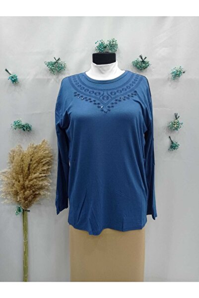 Sel Tekstil Women's Plus Size Crew Neck Mother Combed Cotton Blouse