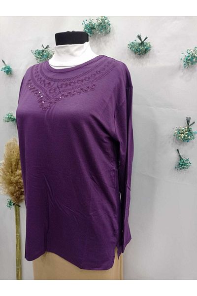 Sel Tekstil Women's Plus Size Crew Neck Mother Combed Cotton Blouse