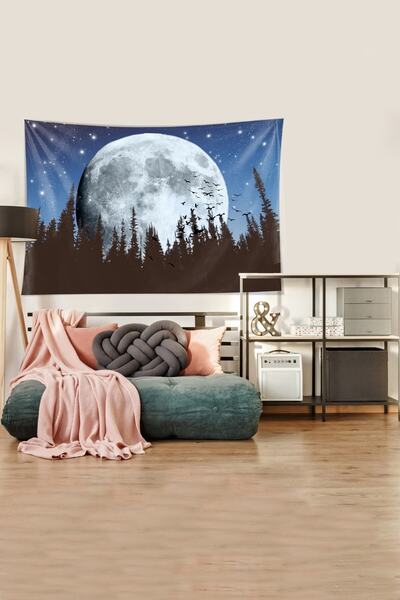 on the clouds Blue-white Moon And Pine Tree Stain Resistant Velvet Fabric Wall Cloth Wall Carpet Tapestry