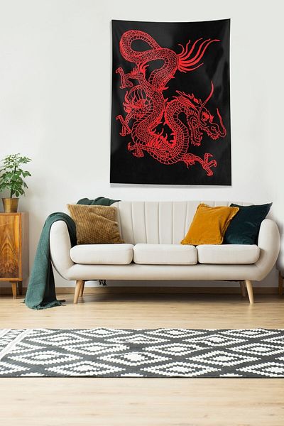 on the clouds Black Red Dragon Stain Resistant Velvet Fabric Wall Cover Wall Carpet Tapestry