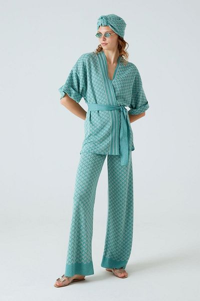 JOIN US Houndstooth Patterned Green Knitwear Trousers with Elastic Waist