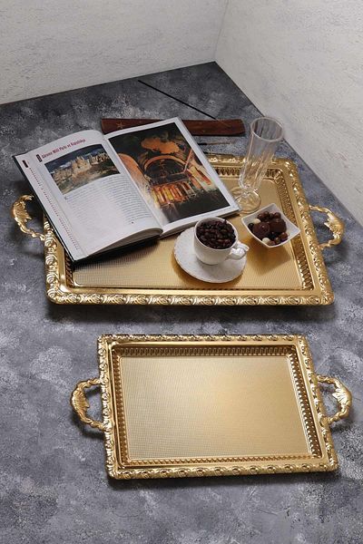 HOMENIVA Arow Set of 2 Rectangular Coffee Serving Tray - Groom Promise Tray -Karamaz Gold Tray