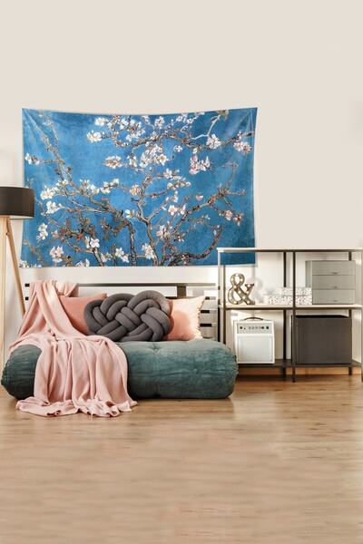 on the clouds Blue Almond Blossom Stain Resistant Velvet Fabric Wall Cover Wall Carpet Tapestry