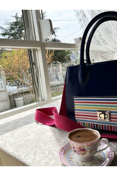 Pinkylola Ballerina Model Striped Pattern & Electric Blue Genuine Leather Han...