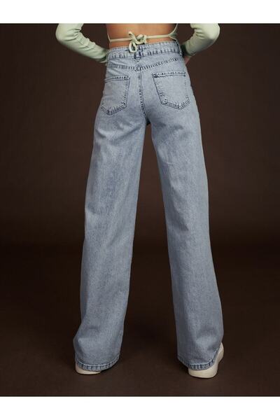 Trn JNS Moda anilor 90 Light Snow Wash Blue Lycra Blugi largi cu talie super înaltă Pantaloni Palazzo