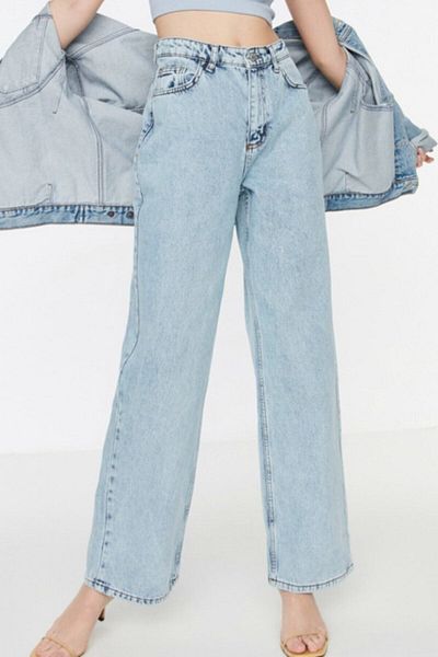 Trn JNS My Live 90's Light Snow Wash Blue Lycra Blugi largi cu talie super înaltă Pantaloni Palazzo