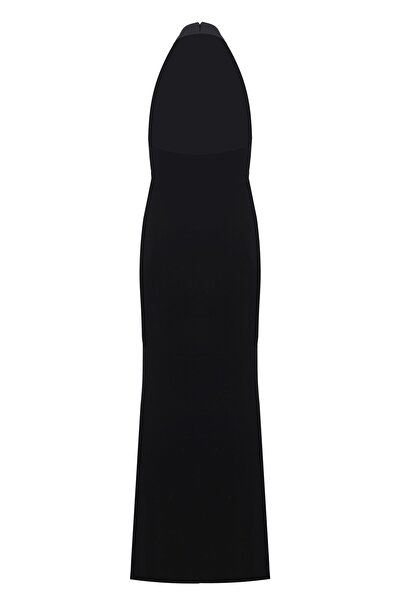 Whenever Company Černá ohlávka s výstřihem vzadu vpředu s rozparkem nařasené dlouhé šaty