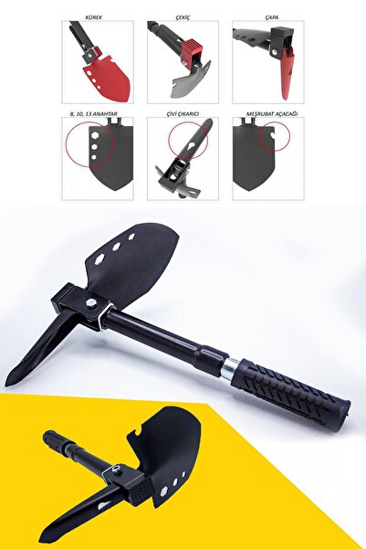 pratikoutdoor Kamp Küreği, Katlanır Multi Çelik Kürek, Çekiç, Çapa, Multitools Katlanır Kürek