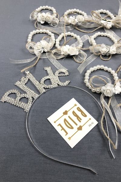 Hobigram Düğün Malzemesi Bride Taç Ve Hasır Çiçekli Nedime Bileklik Seti – Dü...