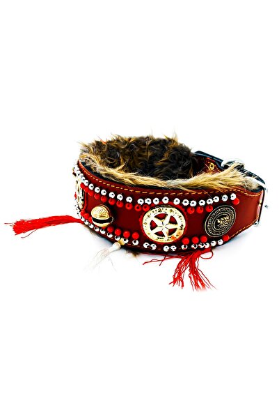 Tasma Market Kırmızı Zilli Püsküllü Yıldızlı Boncuklu Deri Köpek Tasması