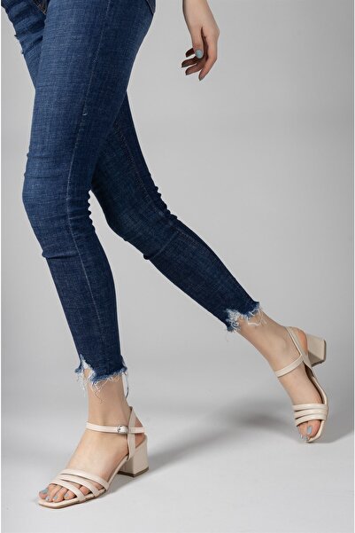 Riccon Béžové dámské sandály na podpatku0012355