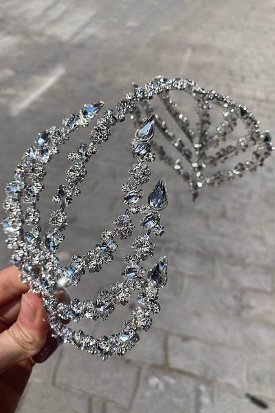 Hobigram تاج زفاف مزدوج الجوانب من زيلين فضي اللون - إكسسوار للعروس، تصميم أنيق، إكسسوار نسائي - عروس أك