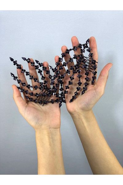 Hobigram Accesoriu de păr mov cu model de frunze pe două fețe – Coroană, piatră de cristal, model elegant, coroană de mireasă – coroană